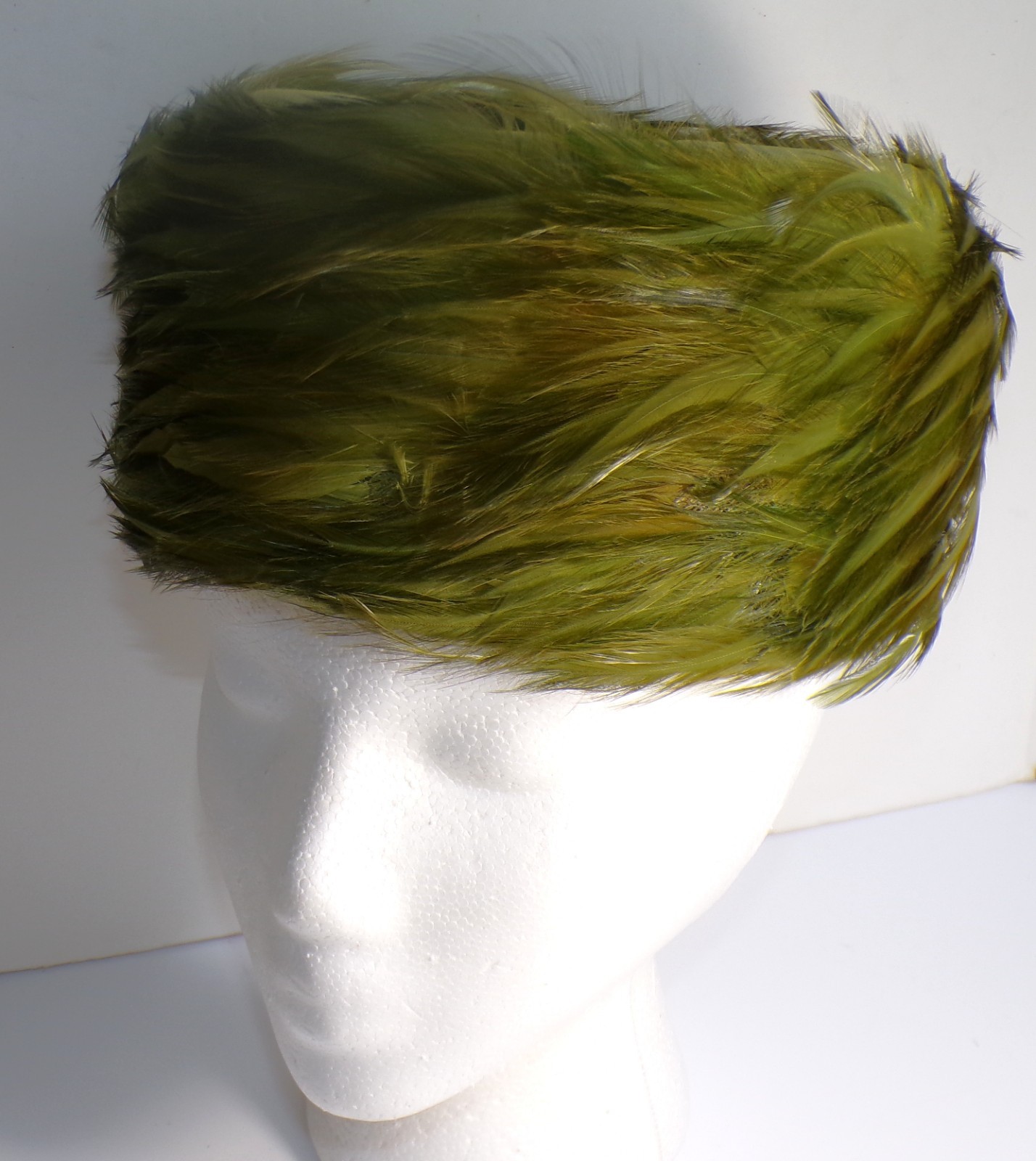 Vintage Olive Green Willowy Feathers Wide Pillbox Hat