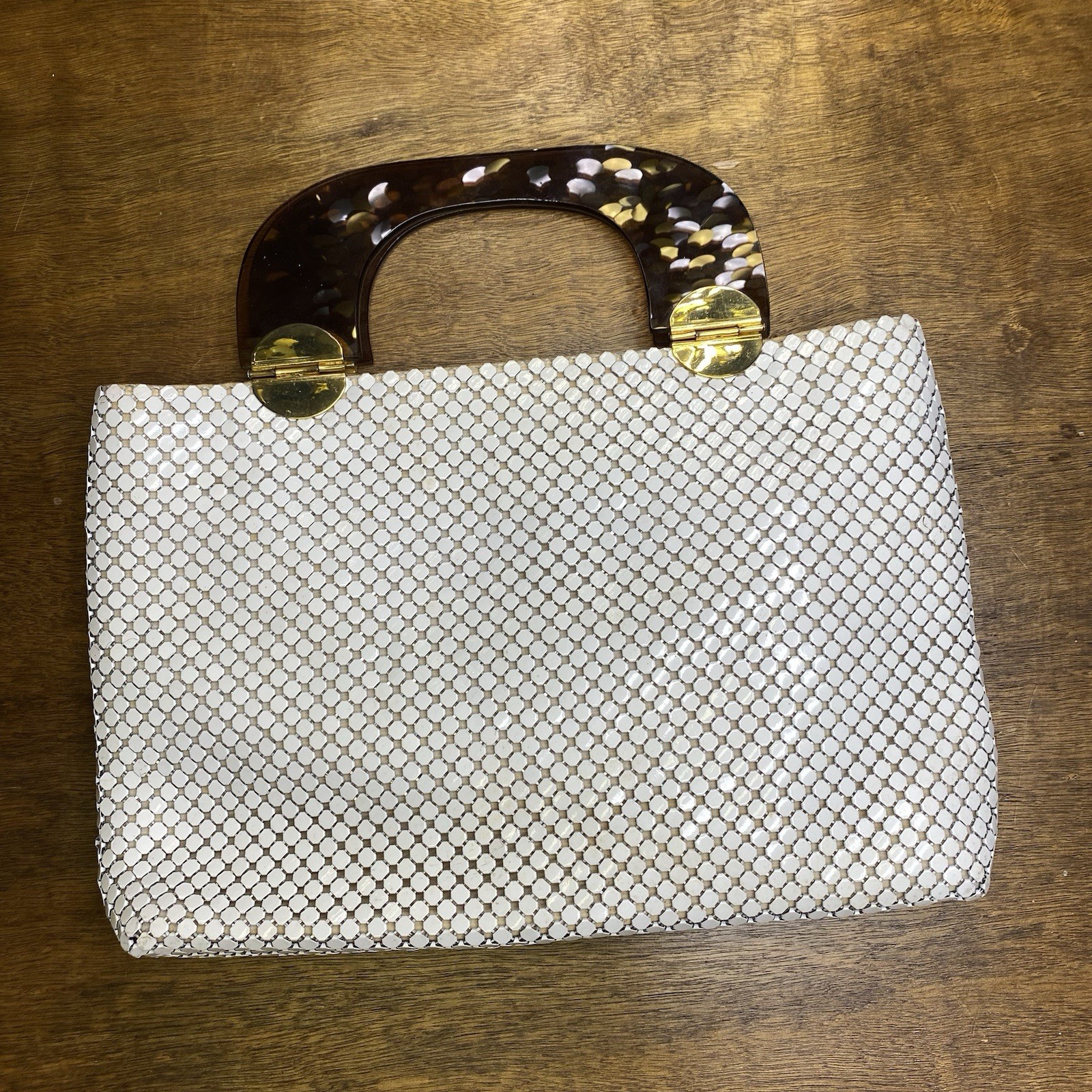 Vintage White Mesh Purse With Brown Lucite Acrylic Handle Brass