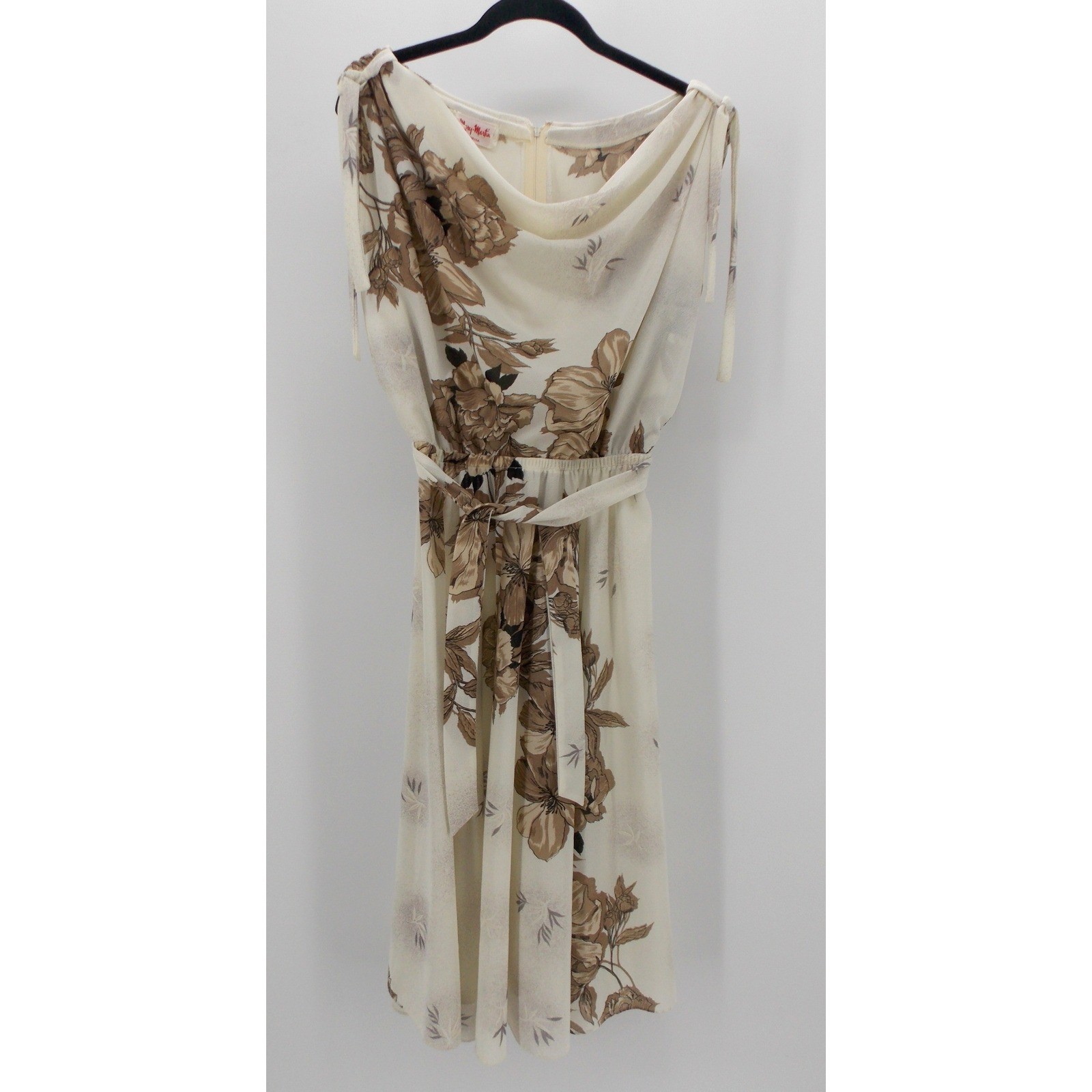 Vintage Mary Martin Cream Floral Cowl Neck Sleevelesss Midi Dress MEDIUM 70s