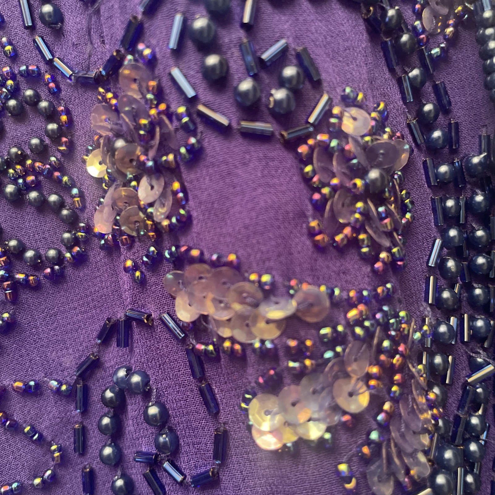 Vintage Royal Blue Beaded 100% Silk Floral Detail Crafted Fringe Sequin Sz Large