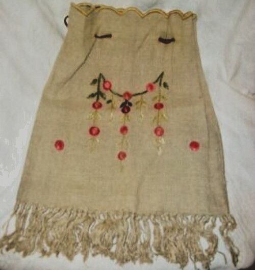 Antique Linen Bag Embroidery Monogram Lollipop Flower Fringed Arts & Crafts 1890