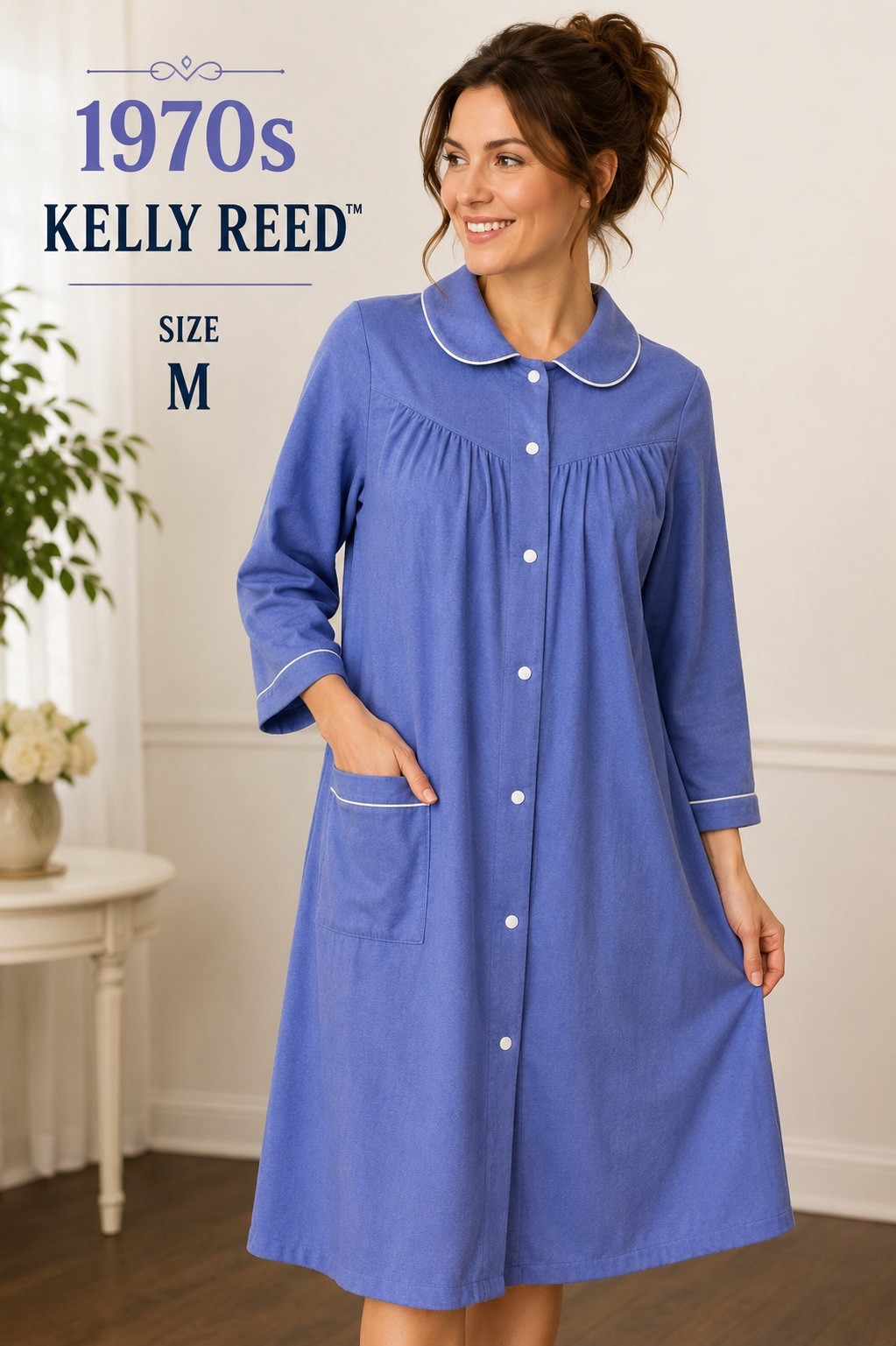 Vintage Kelly Reed Periwinkle Blue Snap Front Housecoat Robe Brushed Knit M