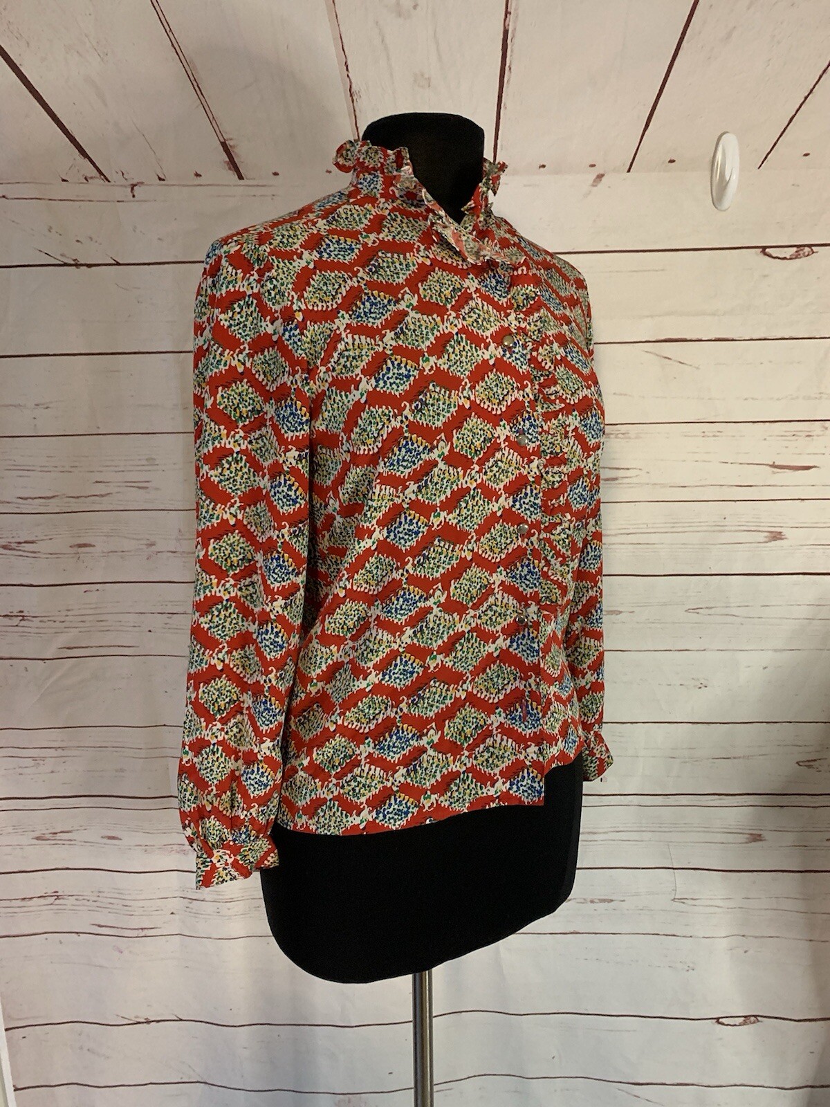 Vintage 70s Frank Olivier Womens Mod Printed Blouse Button Front Small 1970s