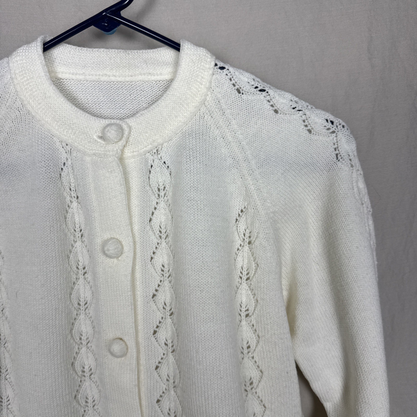 Vintage Open Knit WOOL Granny Sweater Crochet Cardigan Size S-M Off-White Cream