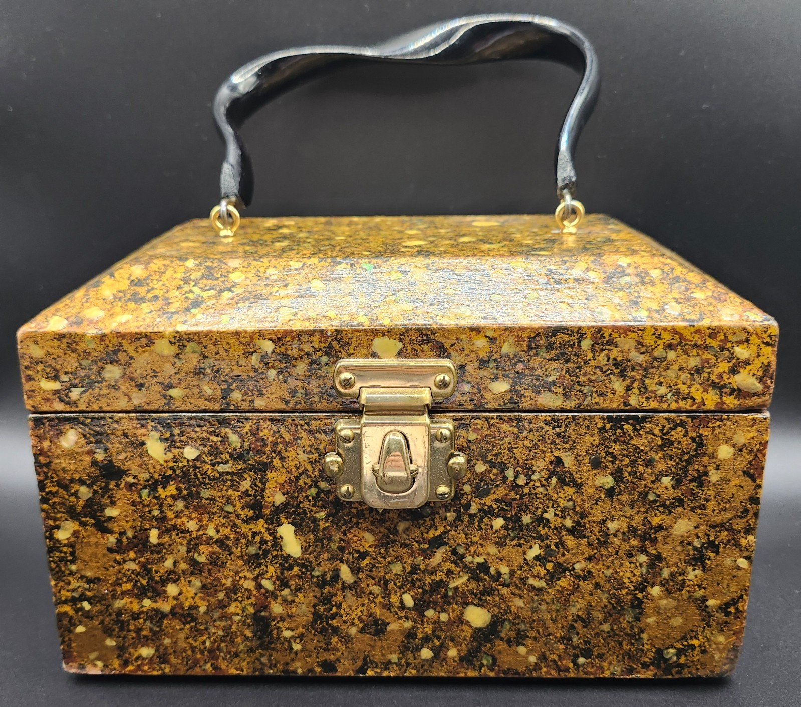 Vintage Decoupage Wooden Box Purse Abalone Black and Gold Plastic Handle