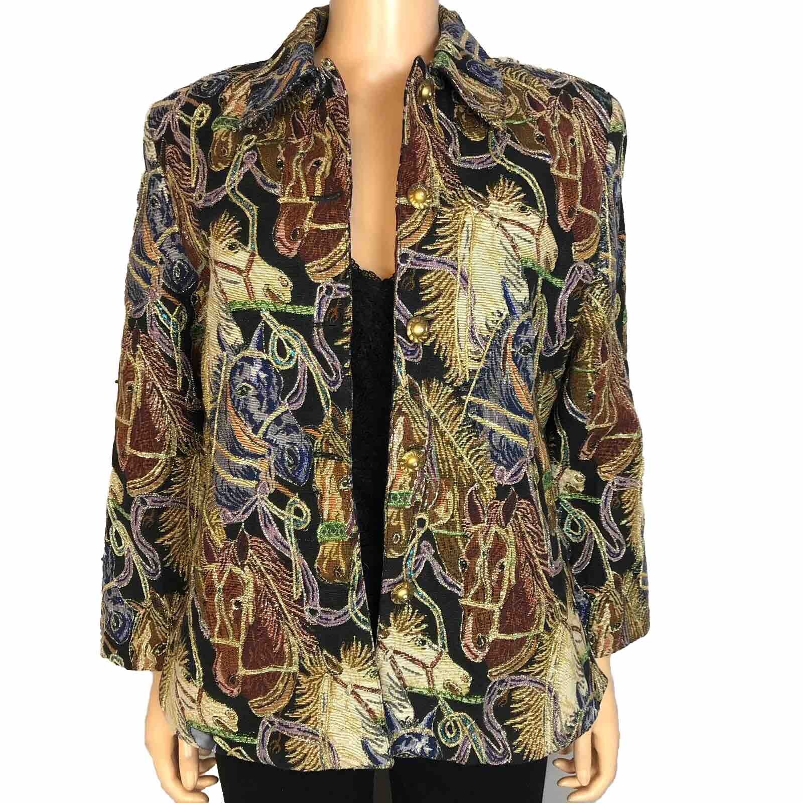 Vintage Horse Print Tapestry Jacket Small Metallic Beaded Novelty Glam Artsy