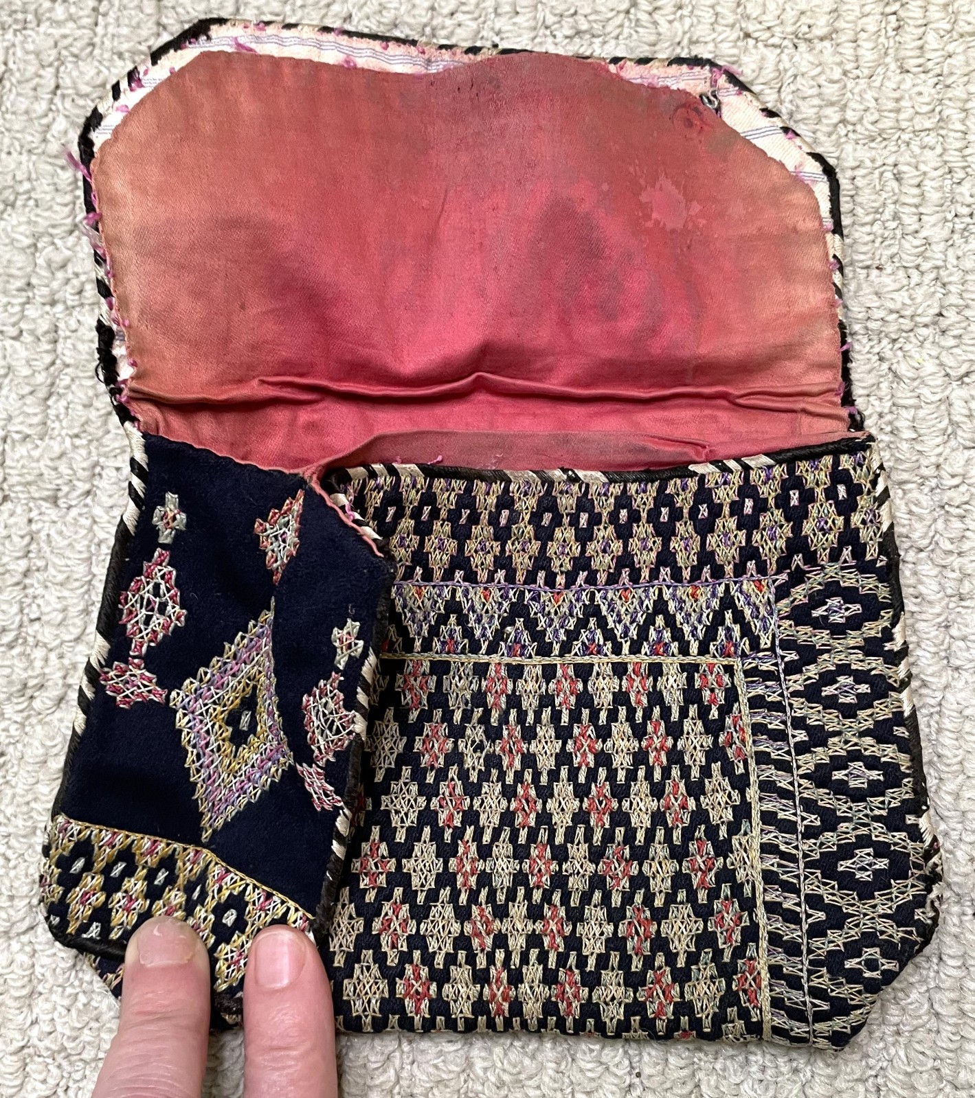 Antique 1900s Turkish Afghanistan Hand Stitched Geometric Pouch Purse Bag
