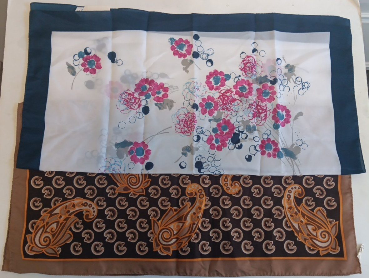 Vintage Montgomery Ward Square Scarf 2 pc Lot Floral Geometric 70s 80s Italy
