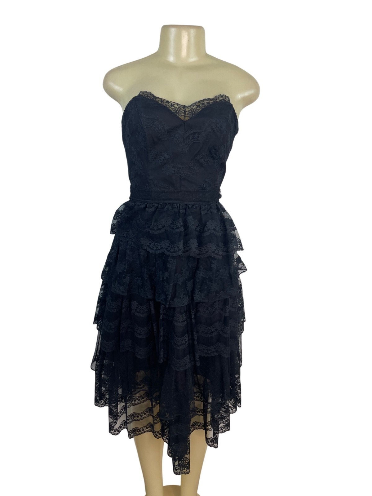 Vintage TD4 Strapless Black Lace Tiered Party Dress With Bow Back Detail Sz 7/8