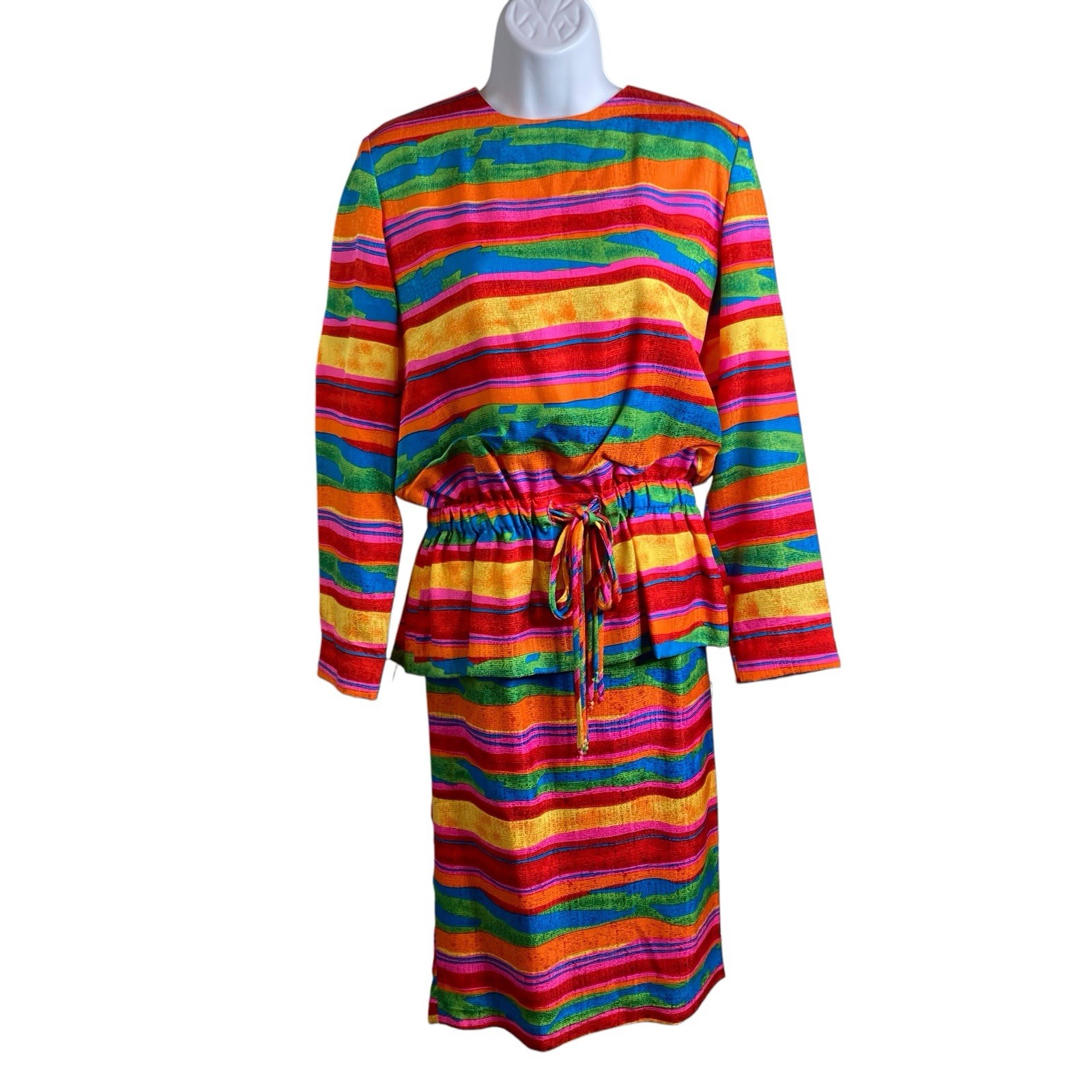 Vintage 80s Nipon Boutique Rainbow Silk Two Piece Skirt Set Size 6 Statement