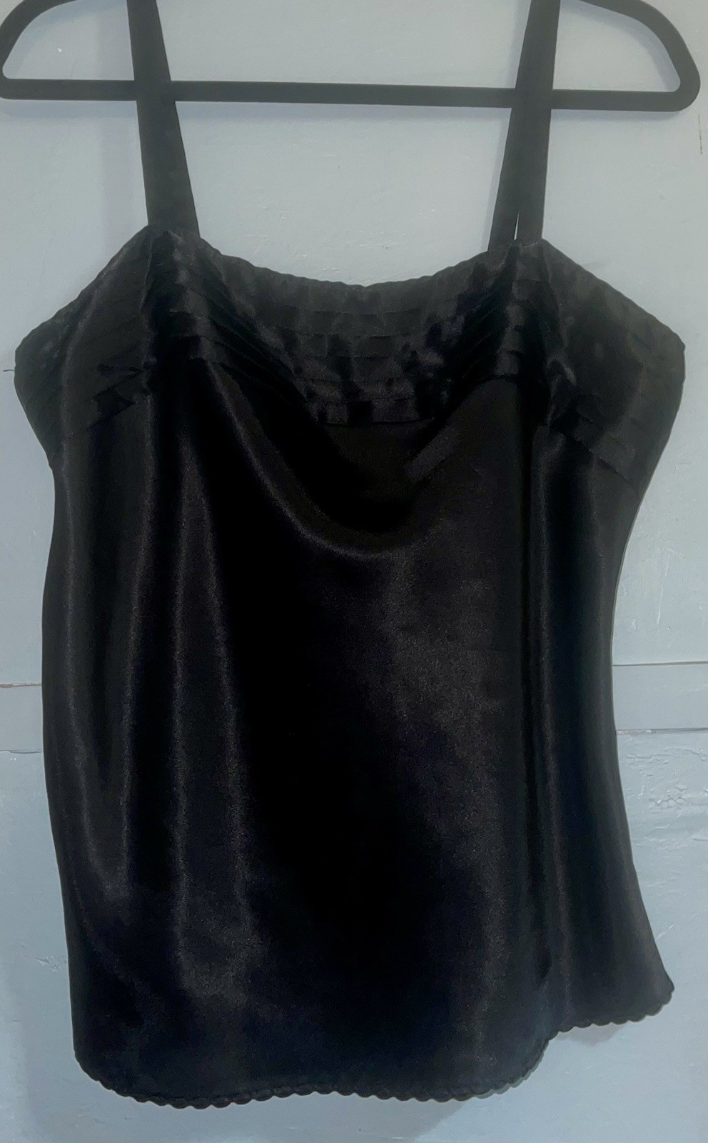 Vintage Escapades Black Satin w Pleated Front Camisole Top Blouse Size Large