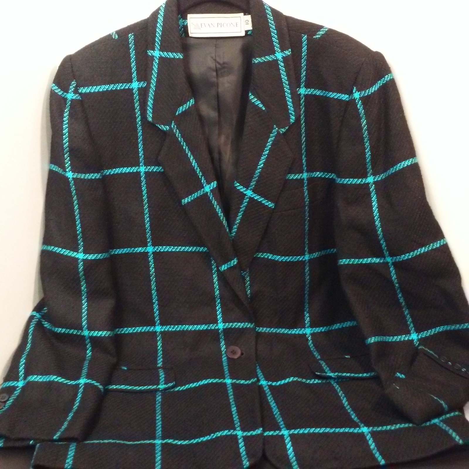 Vintage 80s Evan Picone Silk Blazer USA Union Tag -10 Tailored Window Pane Black