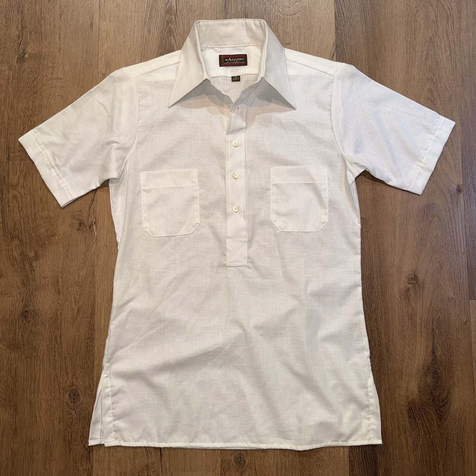 1970s Arrow Tunic Shirt Dagger Collar White Disco Mod Safari Vintage Mens Small
