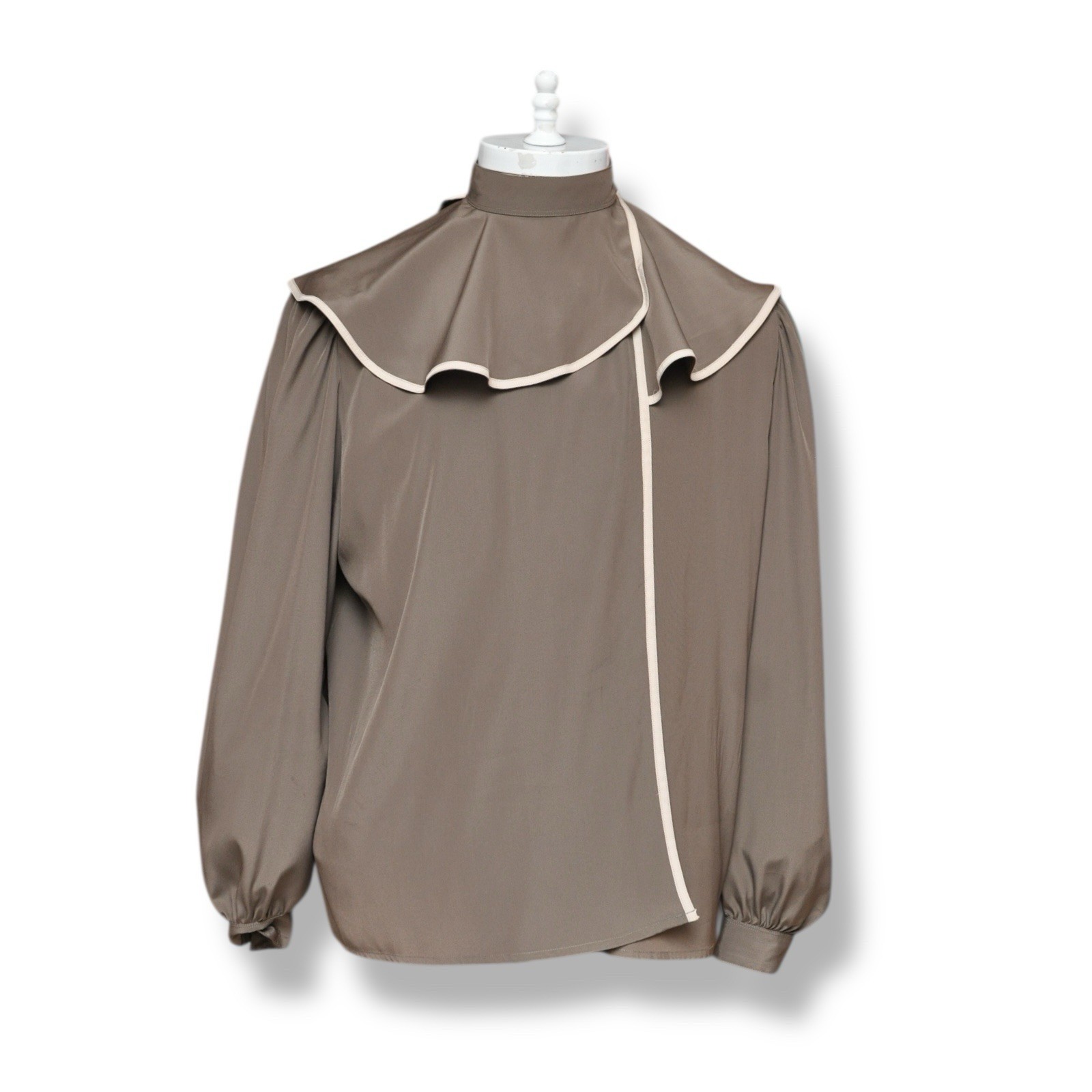 Vintage Serge Nance Paris Blouse Large Collar Shirt Taupe Brown Beige Trim