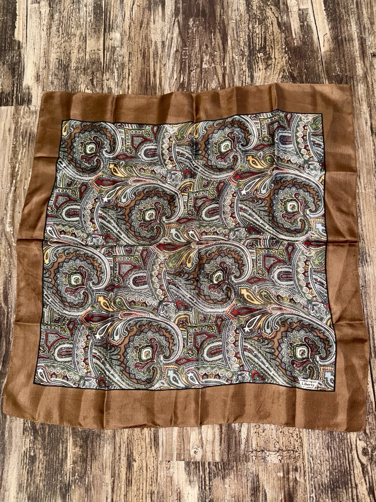 Vintage 1970s Liberty of London Silk Scarf 23″ Brown Multi Paisley Pocket Square