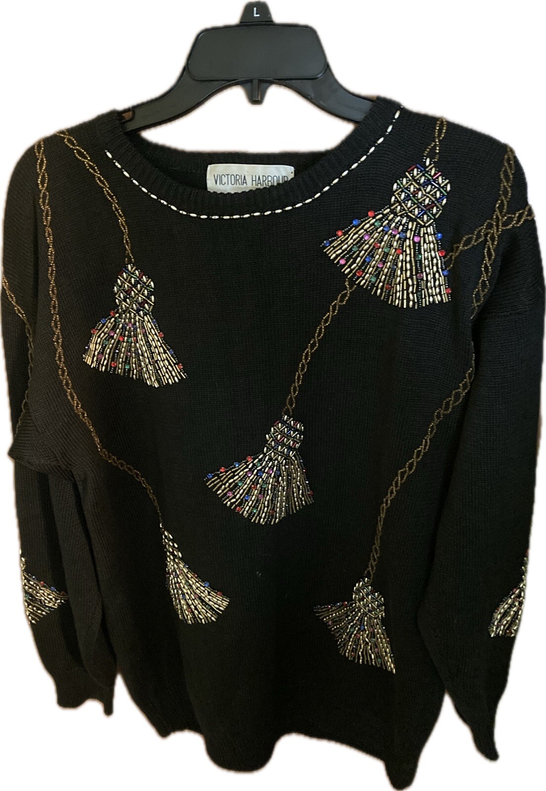 Vintage Victoria Harbour Sweater, Unique Sequins/Beads Design, Large