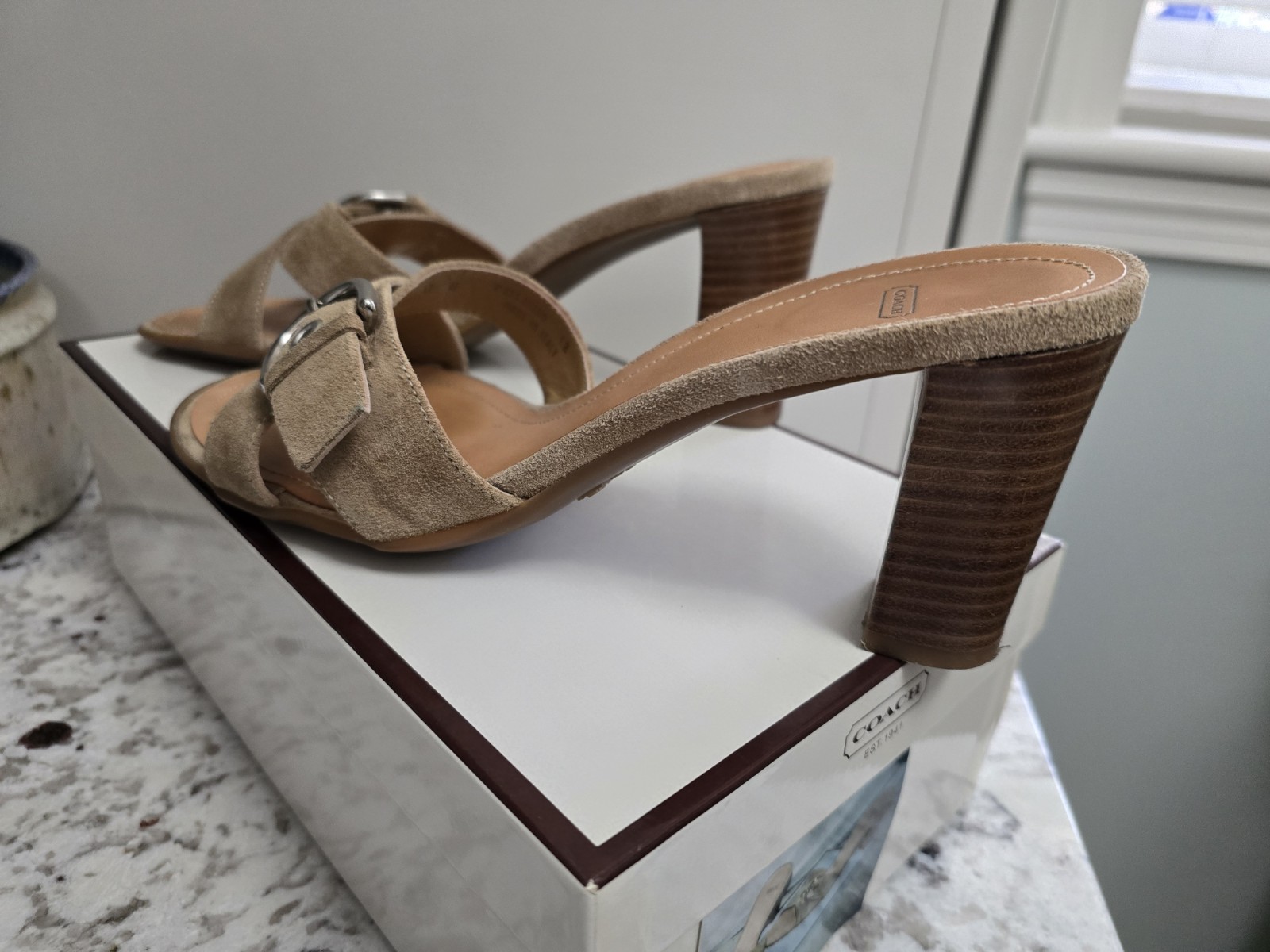 Vintage Coach Neena Suede Slide, Buckle, Women’s 8, Camel, W/Box Excellent Shape