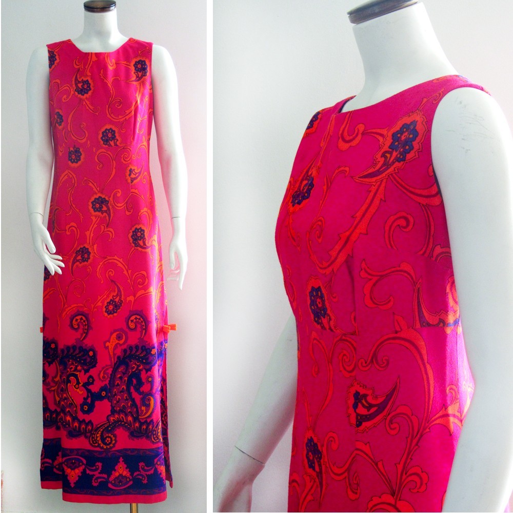 Vintage 60s Sears Hawaiian Fashions Maxi Dress Magenta Floral S Luau Tiki Aloha