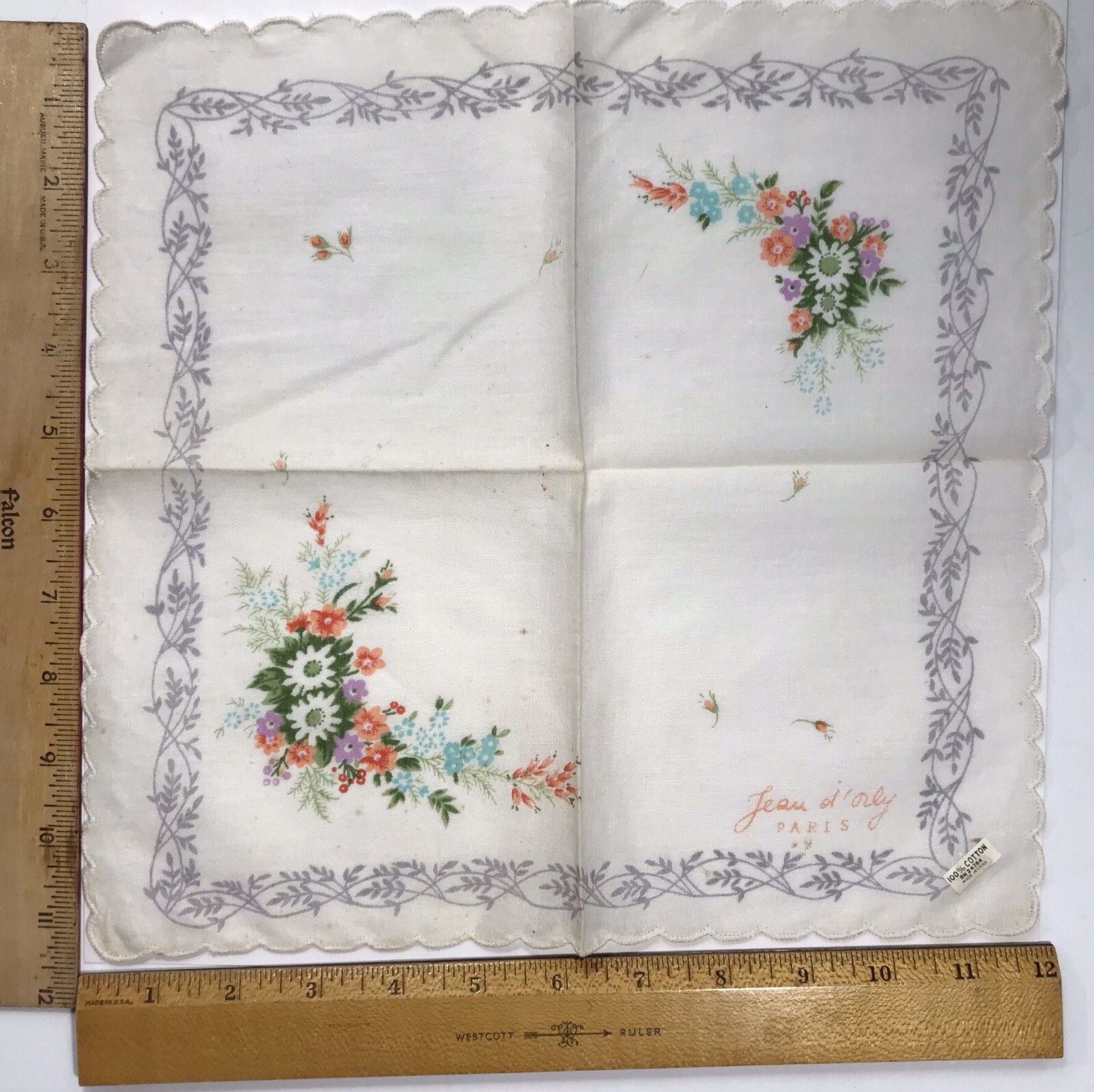 NWT Vintage Jean d’Orly Handkerchief PARIS Mid Century White Floral