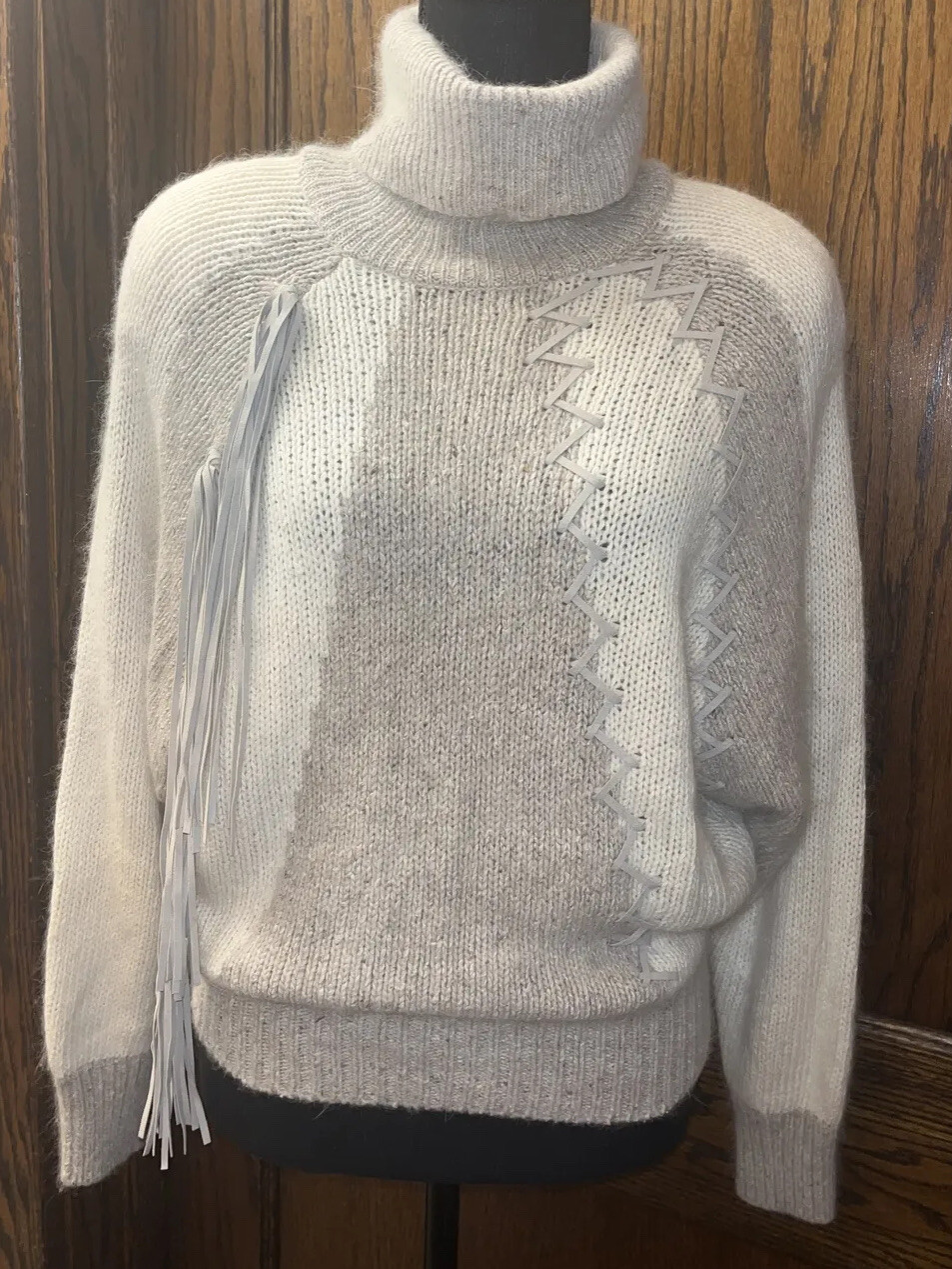 Vtg 80s I.B. Diffusion Silk & Angora Western Sweater W/ Tassels Beige Sz Sm NOS
