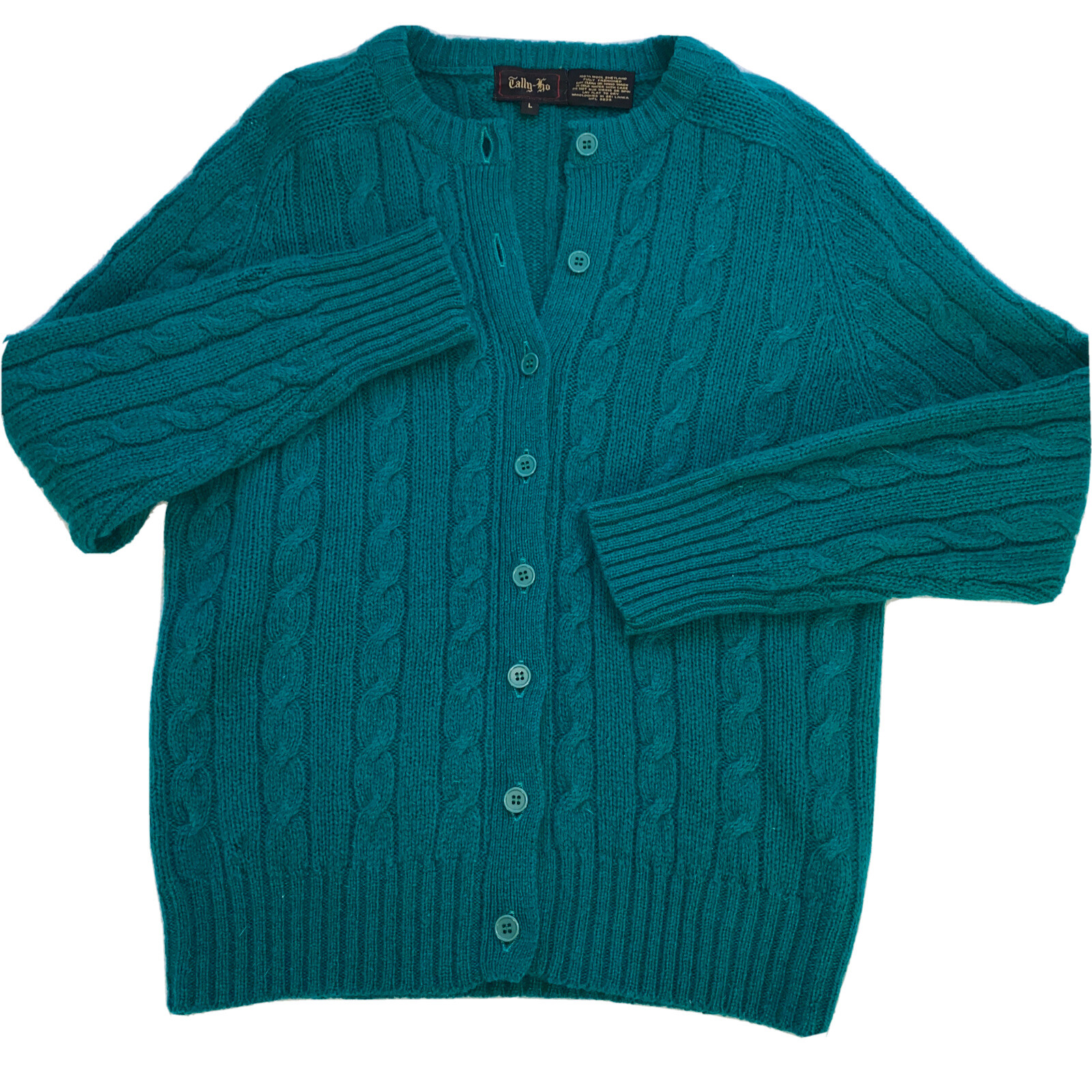 Vintage Wool Cardigan Sweater Women’s Large Tally Ho Turquoise Green 1970’s