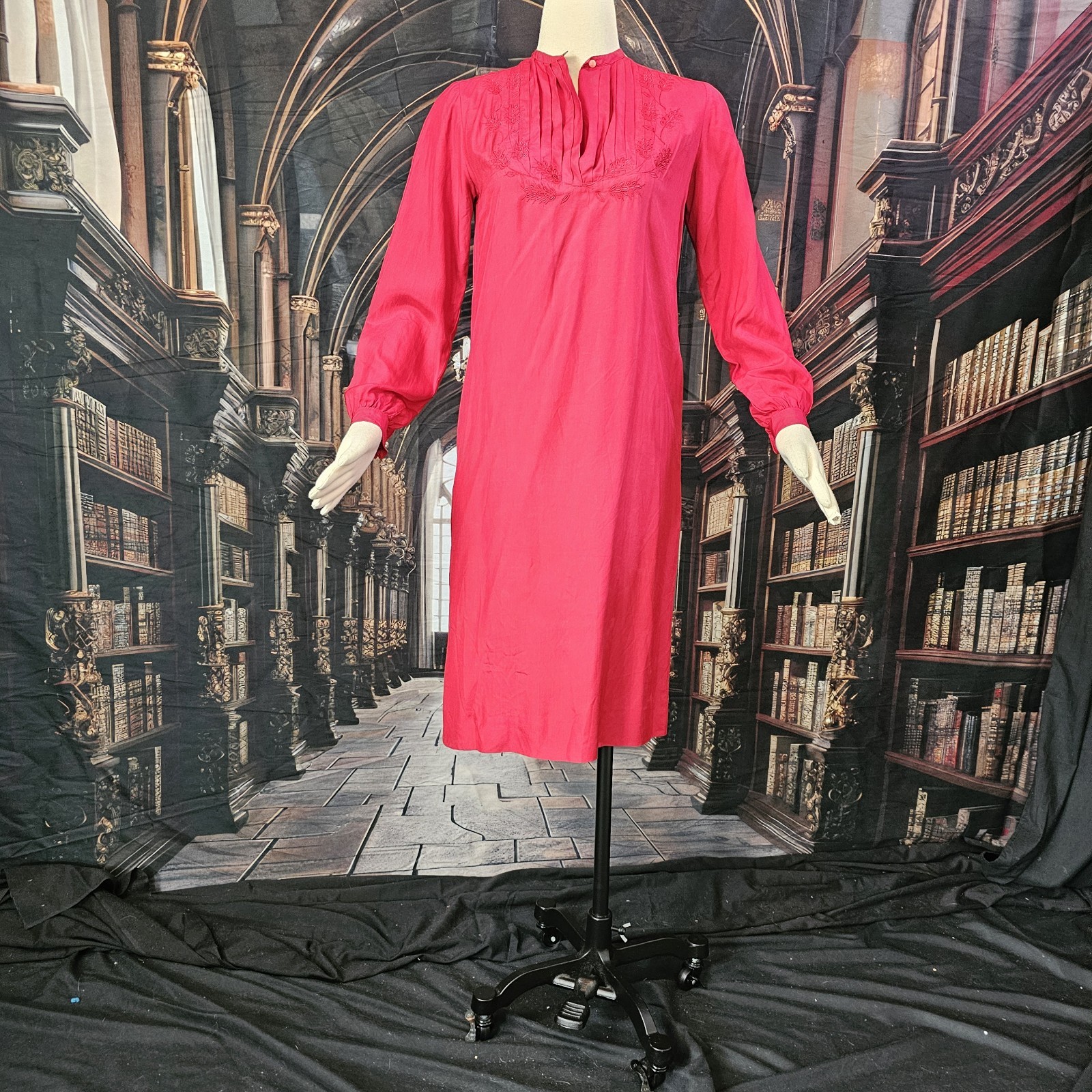 Vintage 1960’s Dress Shift Mod Red Silk Pleated Embroidered Pearly Buttons
