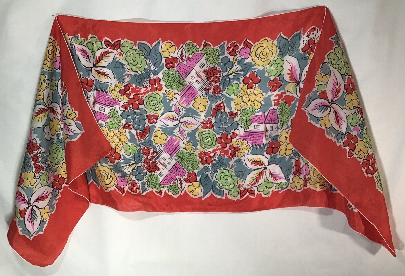 Bright Red Scarf Houses with Pink Roof and Floral Design 16×46 Inches Vintage
