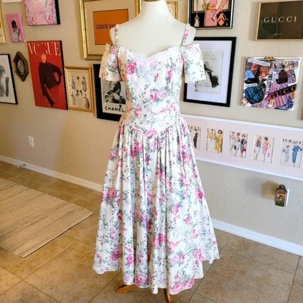 Vintage Jodi Schwartz Bill Berman Floral Lace Butterfly Off Shoulder Dress Pink