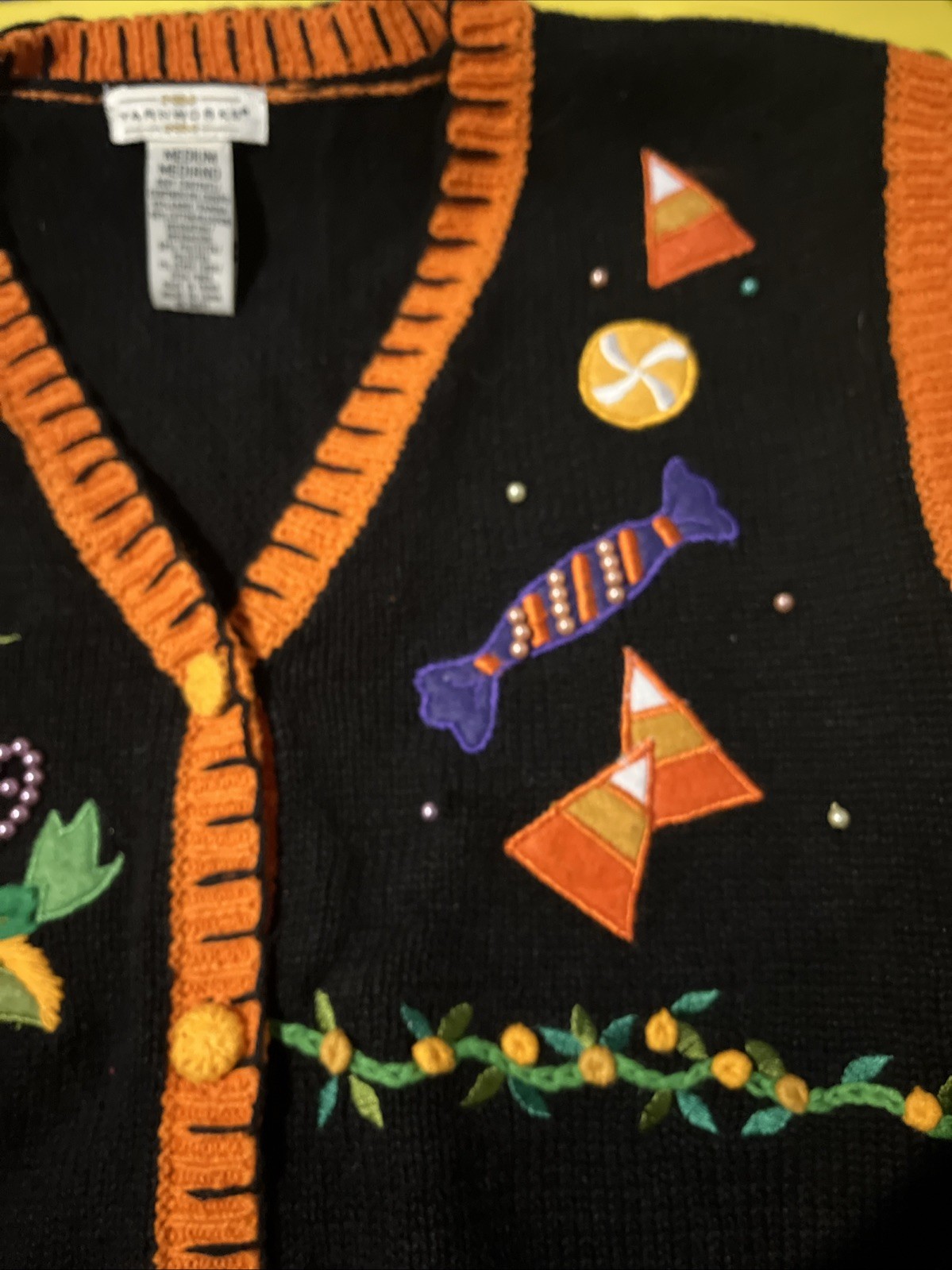 Vintage Yarn Works Happy Haunting Halloween knit vest Pumpkin Teddy Bear M