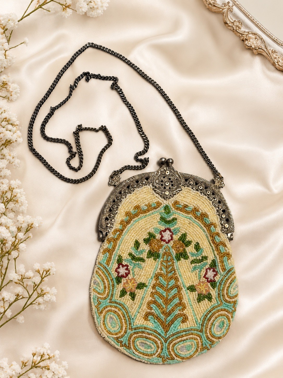 Vintage Christiana Floral Hand Beaded Purse Seed Bead Evening Kiss Lock
