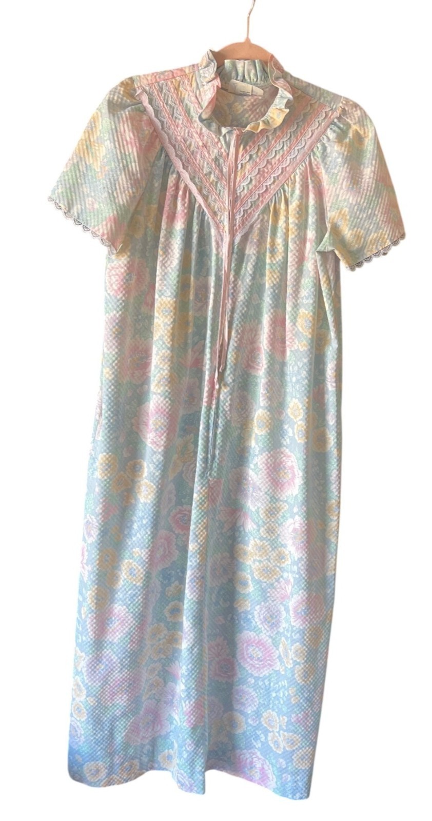Vintage Tiffany Loungewear Floral Zip-Up Nightgown Lace Trim & Ruffle Collar Sm