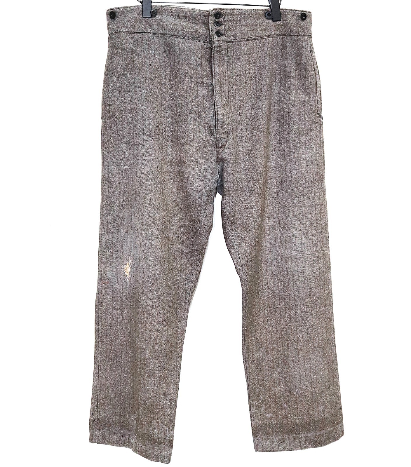 French 1940s Faded Grey/Brown Striped Wool Buckle Back Well Worn Work Pants W38