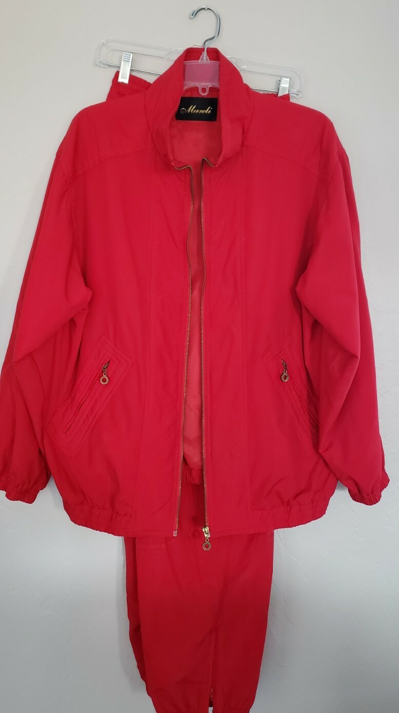 Vtg Mureli Ladies Windbreaker And Matching Pant Suit Red Sz Xl