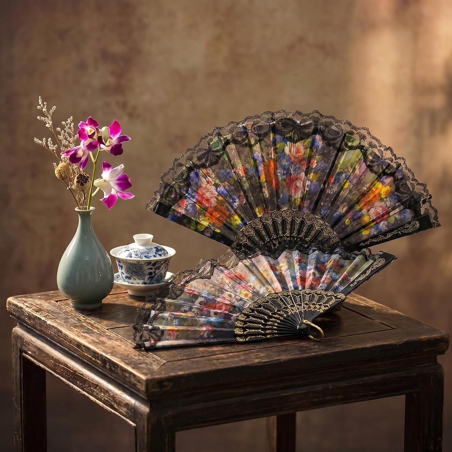 10 Pack Vintage Spanish Floral Folding Hand Fan Sequin Fabric Folding Handheld H