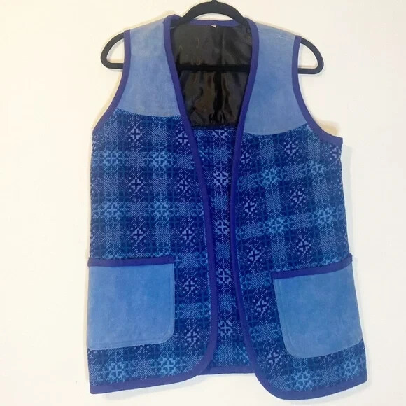 Vintage Welsh Wool Tapestry and Suede Patch Waistcoat Vest Size 40 Blue