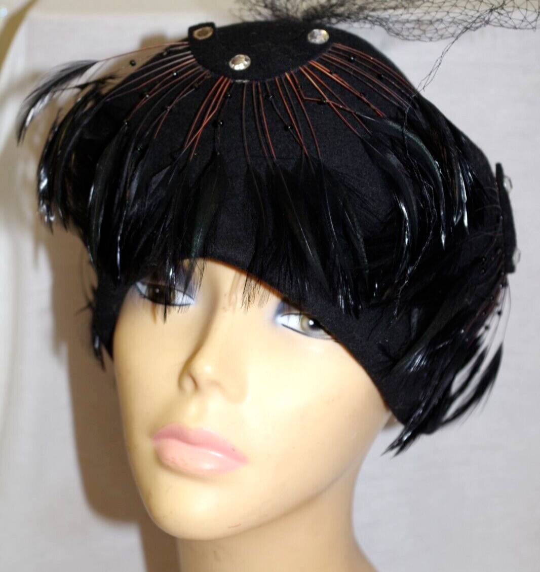 Vintage Mr. Charles Doeskin Felted Wool Black Hat Feathers Rhinestones USA
