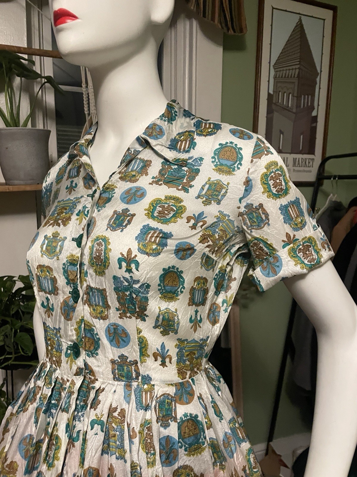 Vintage 50s Print Graphic Rockabilly Shirt Waist Dress Fit Flair S 36 ~ 26