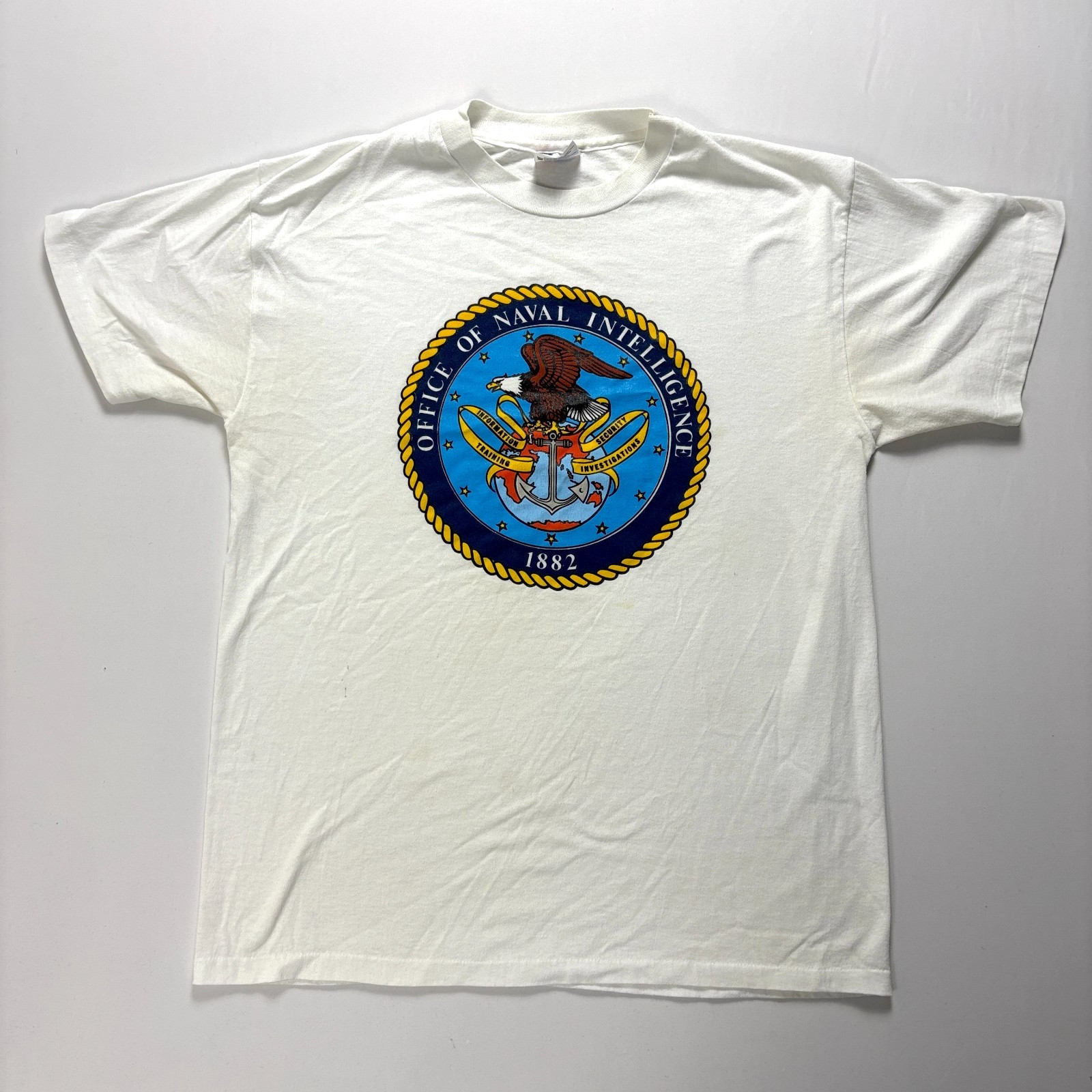 Vintage Office Naval Intelligence Shirt White Sz L Single Stitch Navy Military