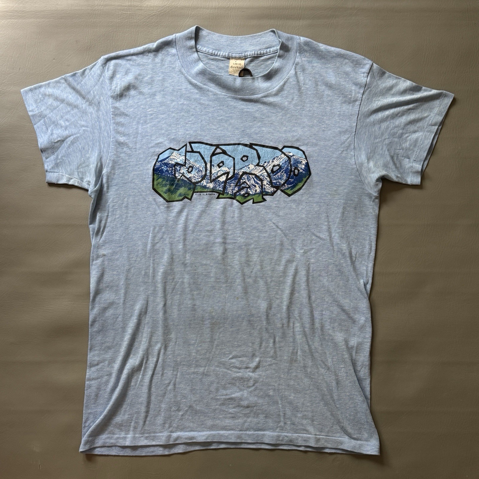 Vintage 1979 Colorado R. Garcia Graffiti Art T-Shirt Size Large Devknit Sky Blue