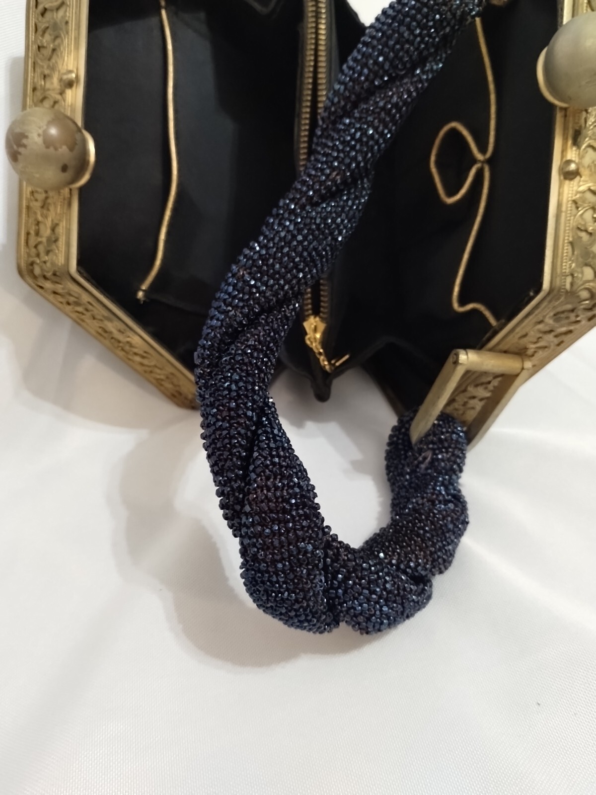 Handbag/Purse Sapphire Blue Beaded Tortoise Lucite Gold Plated Tyrolean 1940 VTG