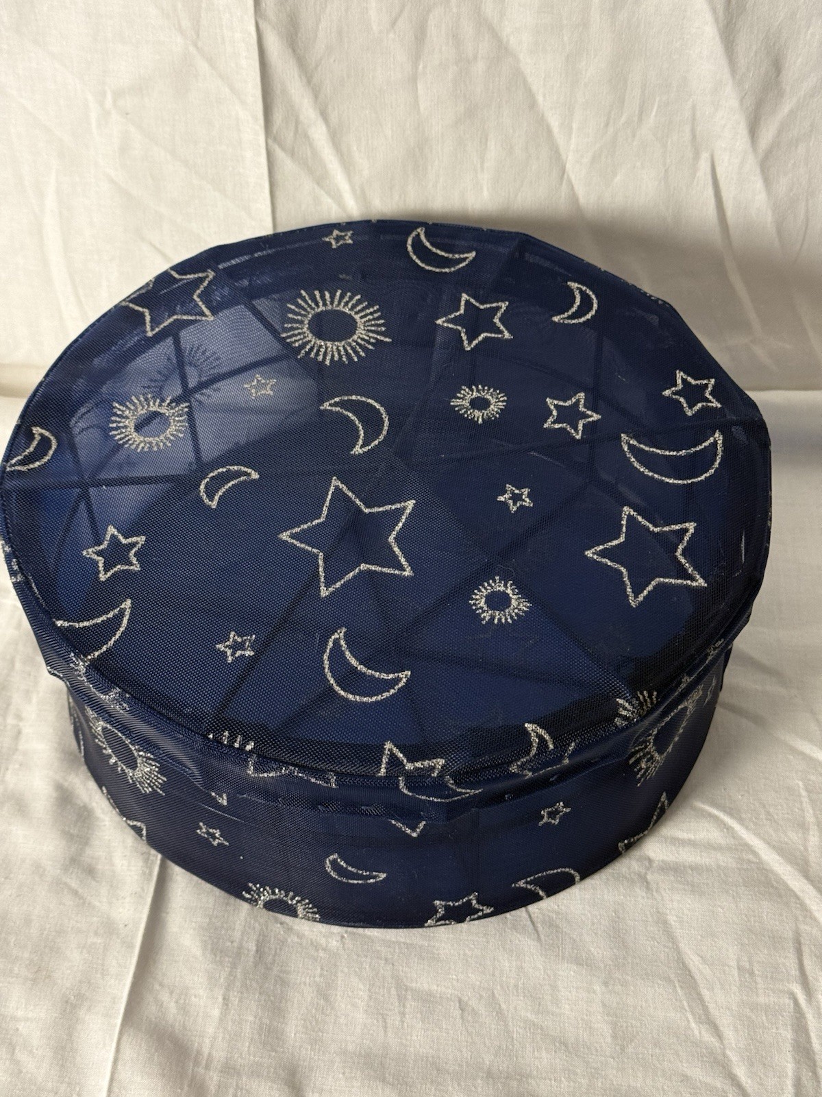 VTG Celestial Y2K Sheer Blue Mesh Storage 90’s Hat Box – Sun, Moon & Stars Decor