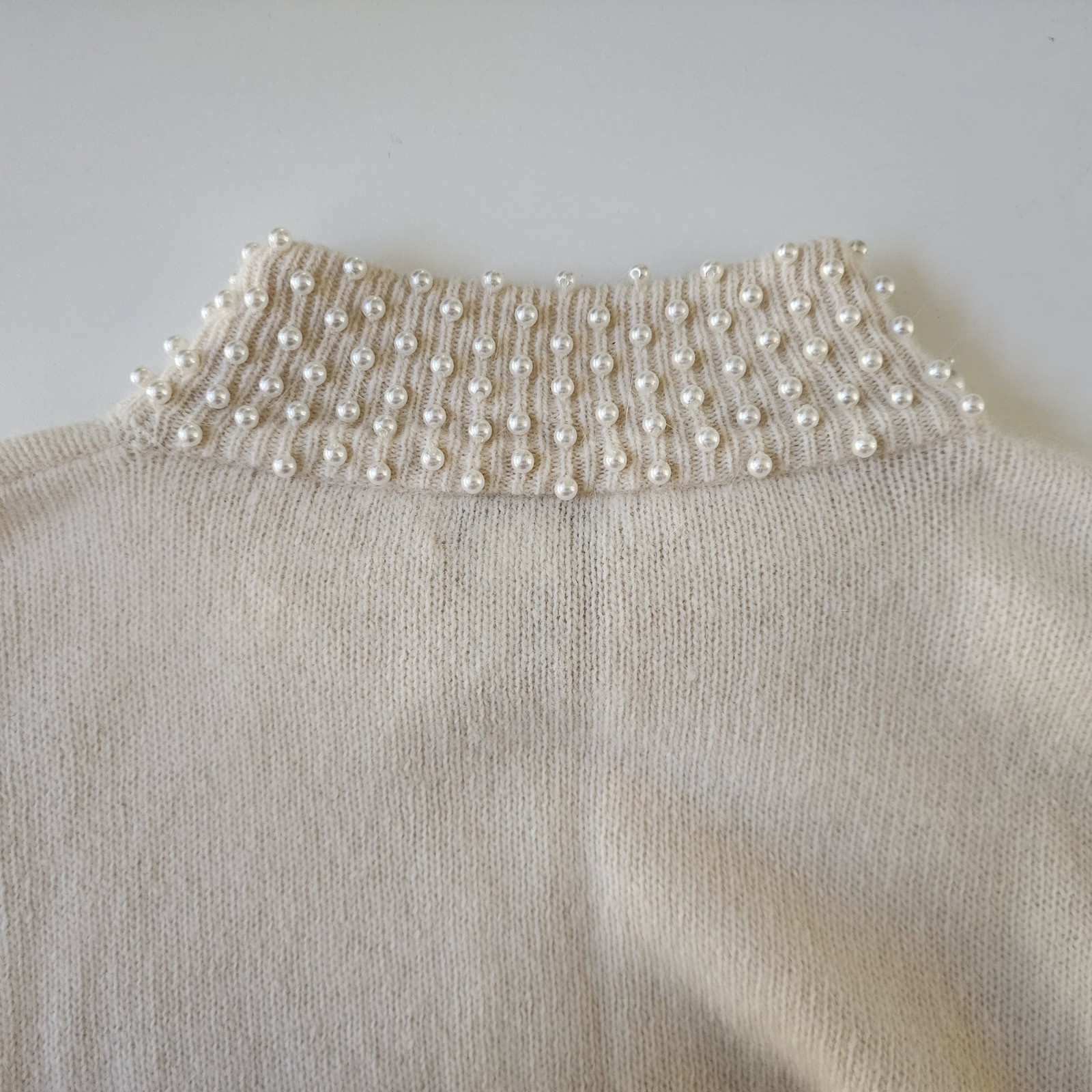 Lew Magram Vintage Angora Lambswool Pearl Embellished Mock Neck Sweater Ivory S