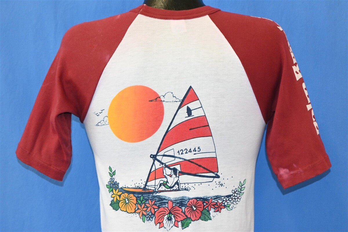 vtg 80s PALM BEACH WINDSURFING SUNSET OCEAN HIBISCUS FLOWERS RAGLAN t-shirt S