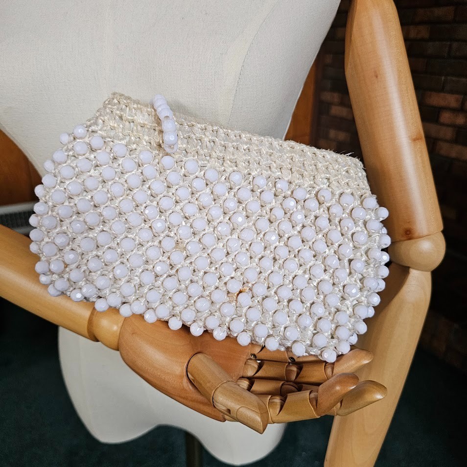 Vintage 60s Mod Beaded Raffia Woven Cocktail Clutch Made in Japan Purse Handbag
