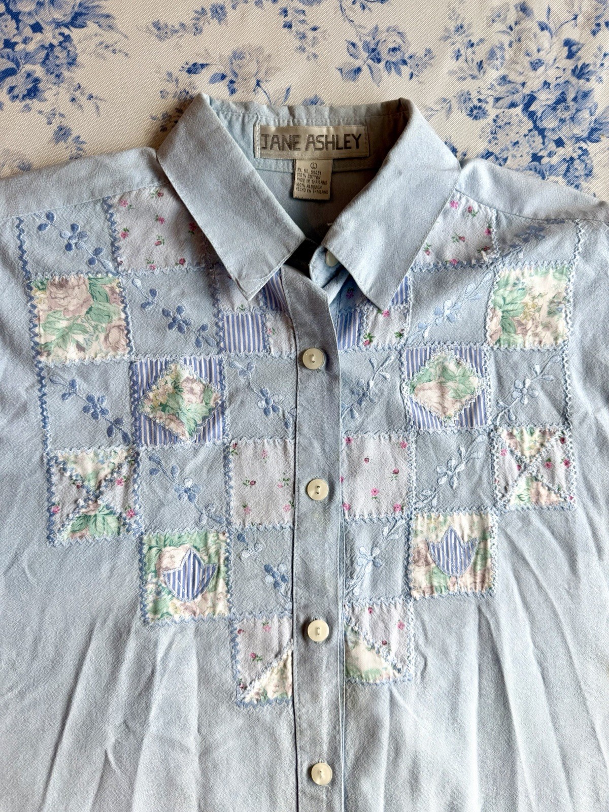 Vintage Jane Ashley Patchwork Quilt Granny Core Button Up Top Sz L 100% Cotton