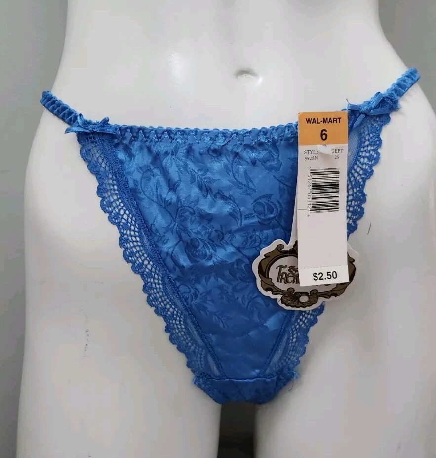 NWT! Vtg 80’s Secret Treasures Blue Satin String Bikini Hi Cut Panties! Size 6