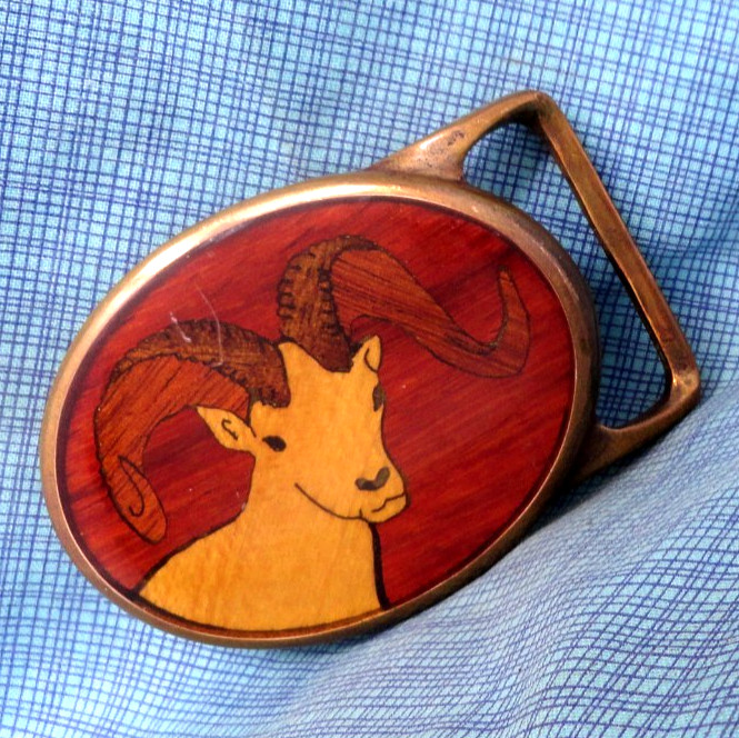 Bighorn Ram Belt Buckle Wood Inlay Sportsman Vtg 70s Von West Tech Ether .GMP242