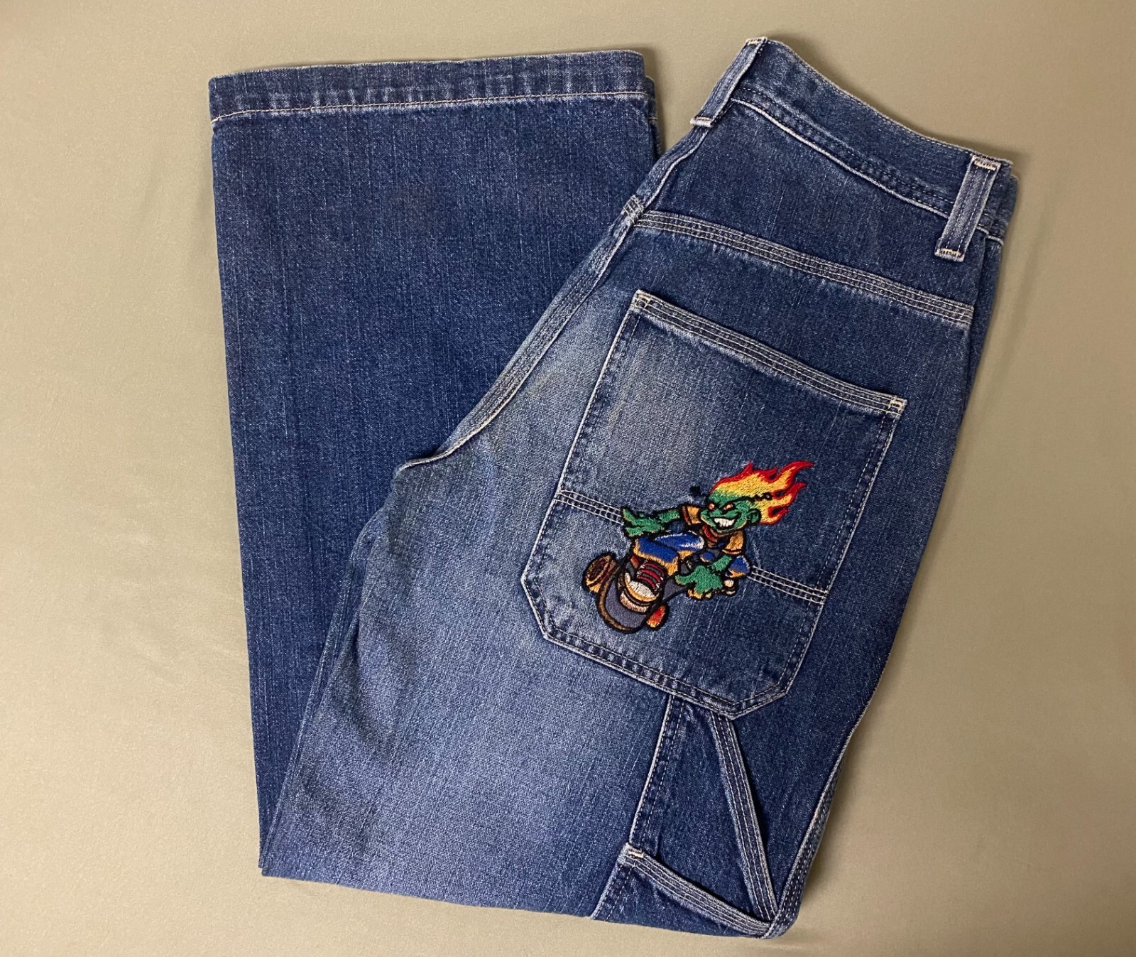 DEADSTOCK Flamehead USA JNCO Embroidered Jeans Y2K Skater RARE Size 16