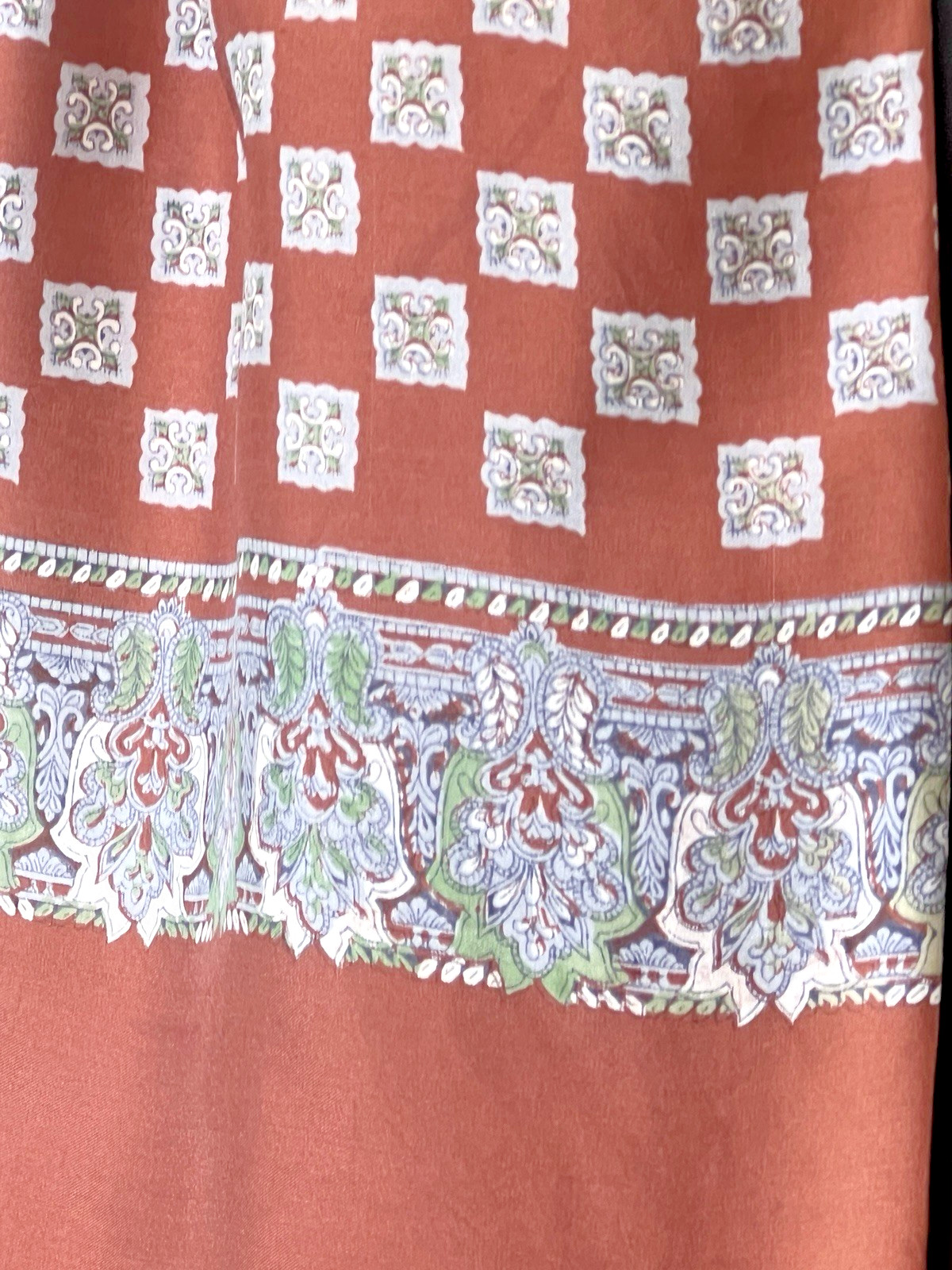 Tan/Grey/Green 100% Silk Twill Paisley + Crests Ascot Scarf 57cm x 126cm
