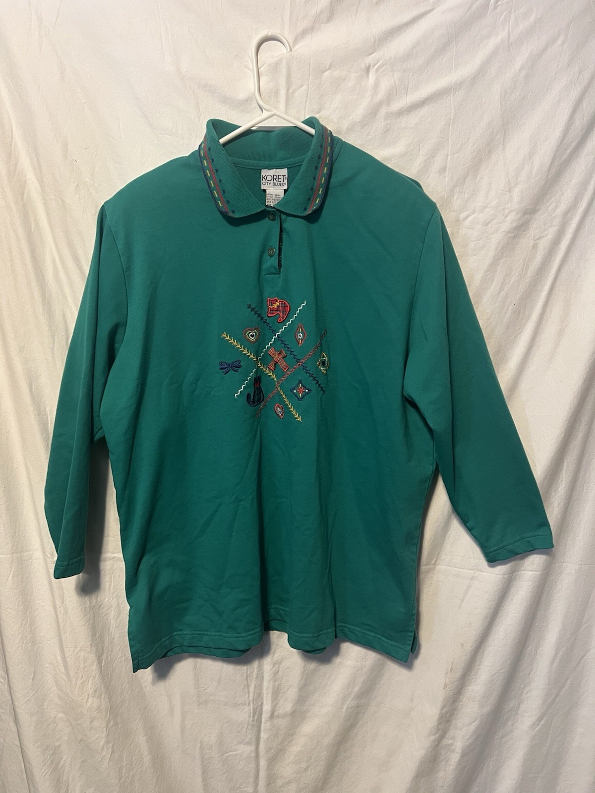 Vintage Top Women’s Koret City Blues Embroidered Polo Long Sleeve Teal XL